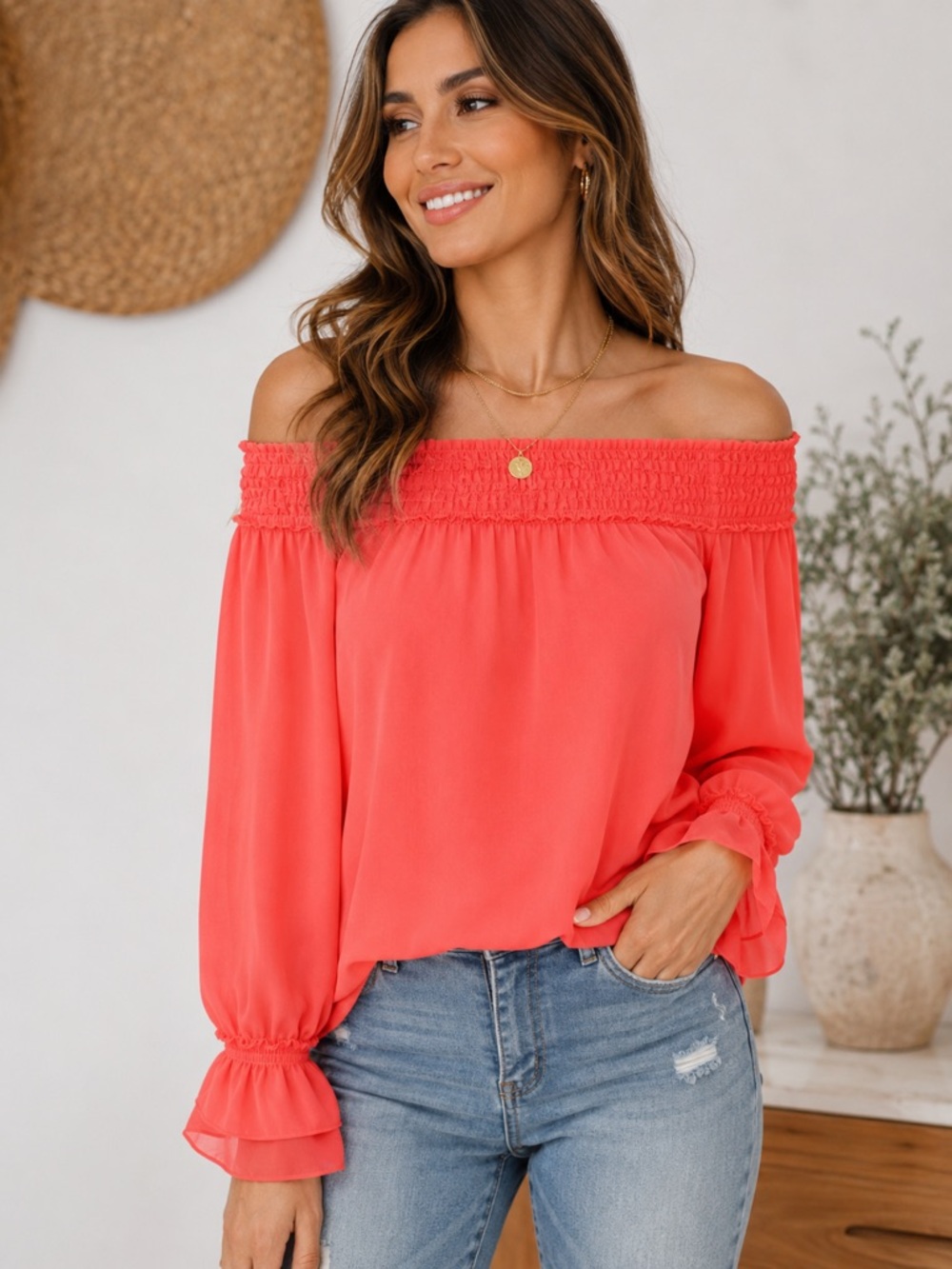 WHBM Coral On/Off the Shoulder Chiffon Blouse